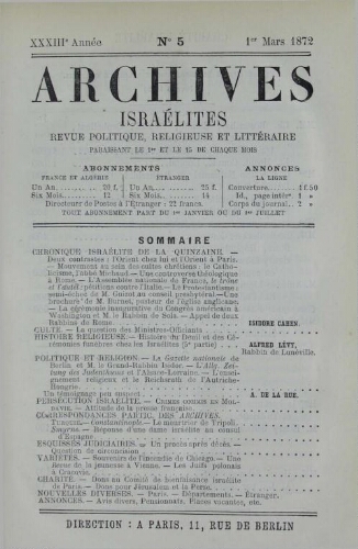 Archives israélites de France. Vol.33 N°06 (15 mars 1872)